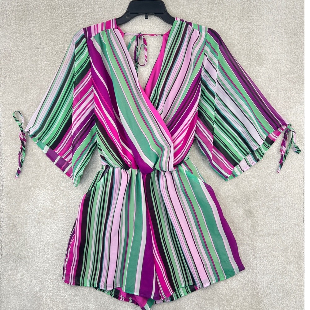 New York & Company Romper Size S Pink Green Striped‎ Surplice Tie Back Retro